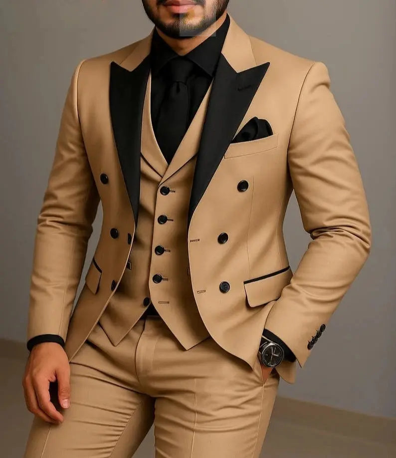 Beige Double Breasted Black Lapel  Slim Fit Wedding Suit LADYLYS
