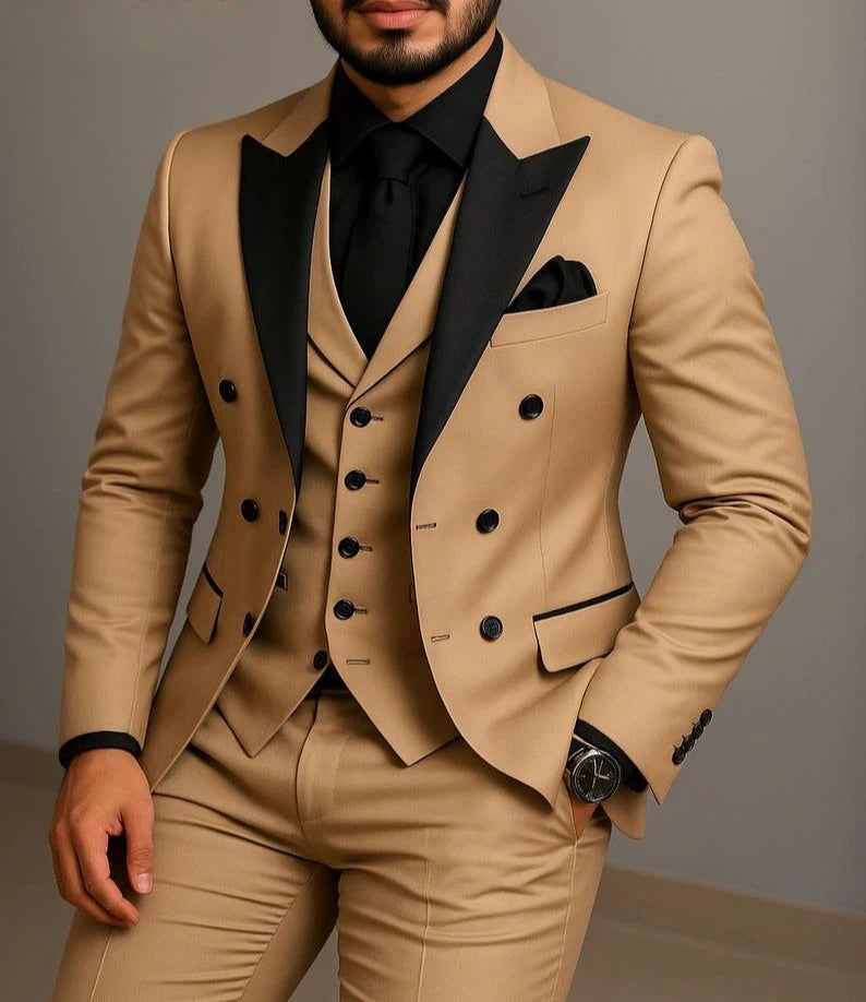 Beige Double Breasted Black Lapel  Slim Fit Wedding Suit LADYLYS