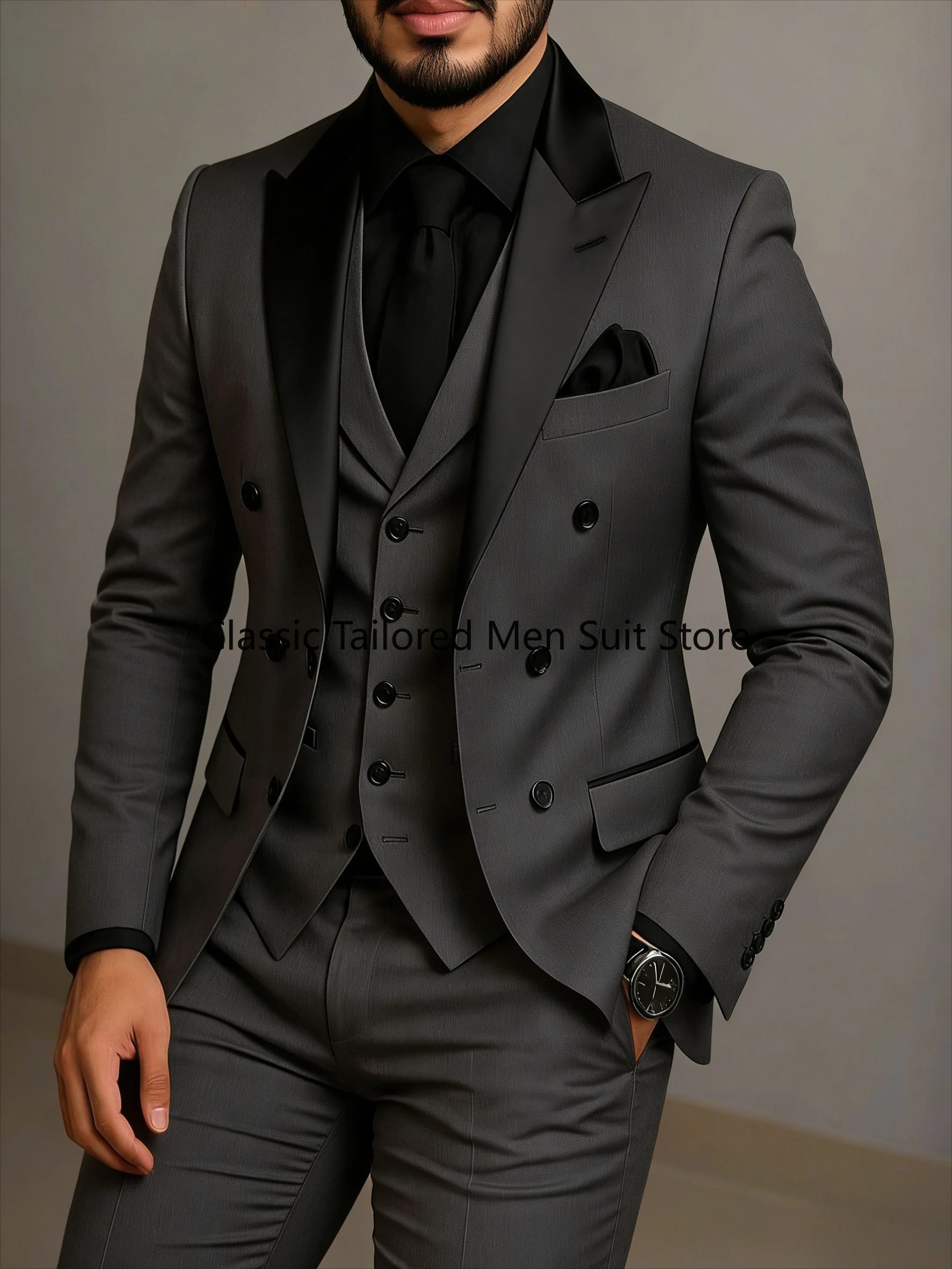 Beige Double Breasted Black Lapel  Slim Fit Wedding Suit LADYLYS