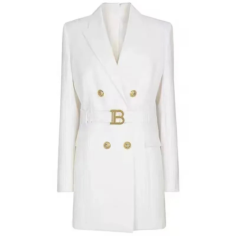 Women's Double-Breasted Belted Blazer with Notched Lapels