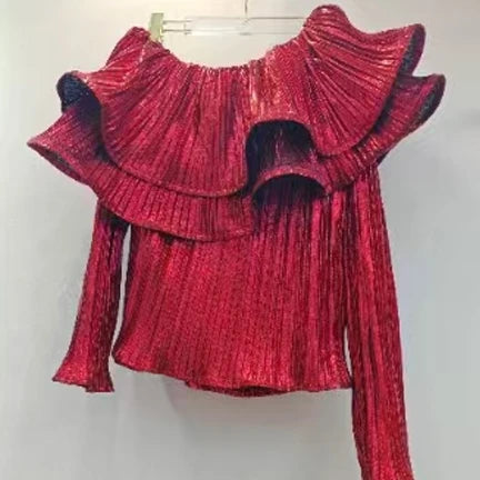 Camisas Solid Slash Neck Ruffled Long Sleeve Sexy Shirts Vintage Blouses