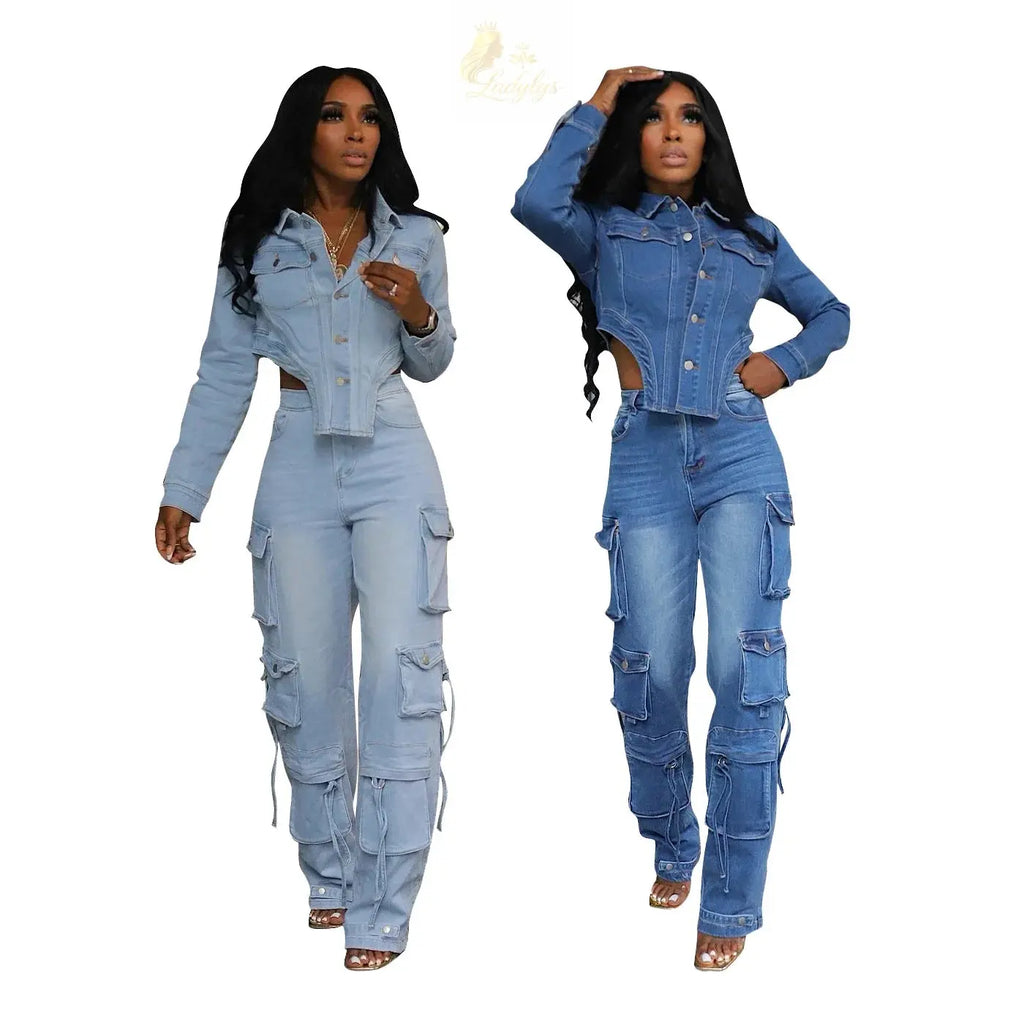 Washed Denim Women's Set Full Sleeve Button Fly Jacket and Pockets Cargo Jeans Pants Suit LADYLYS