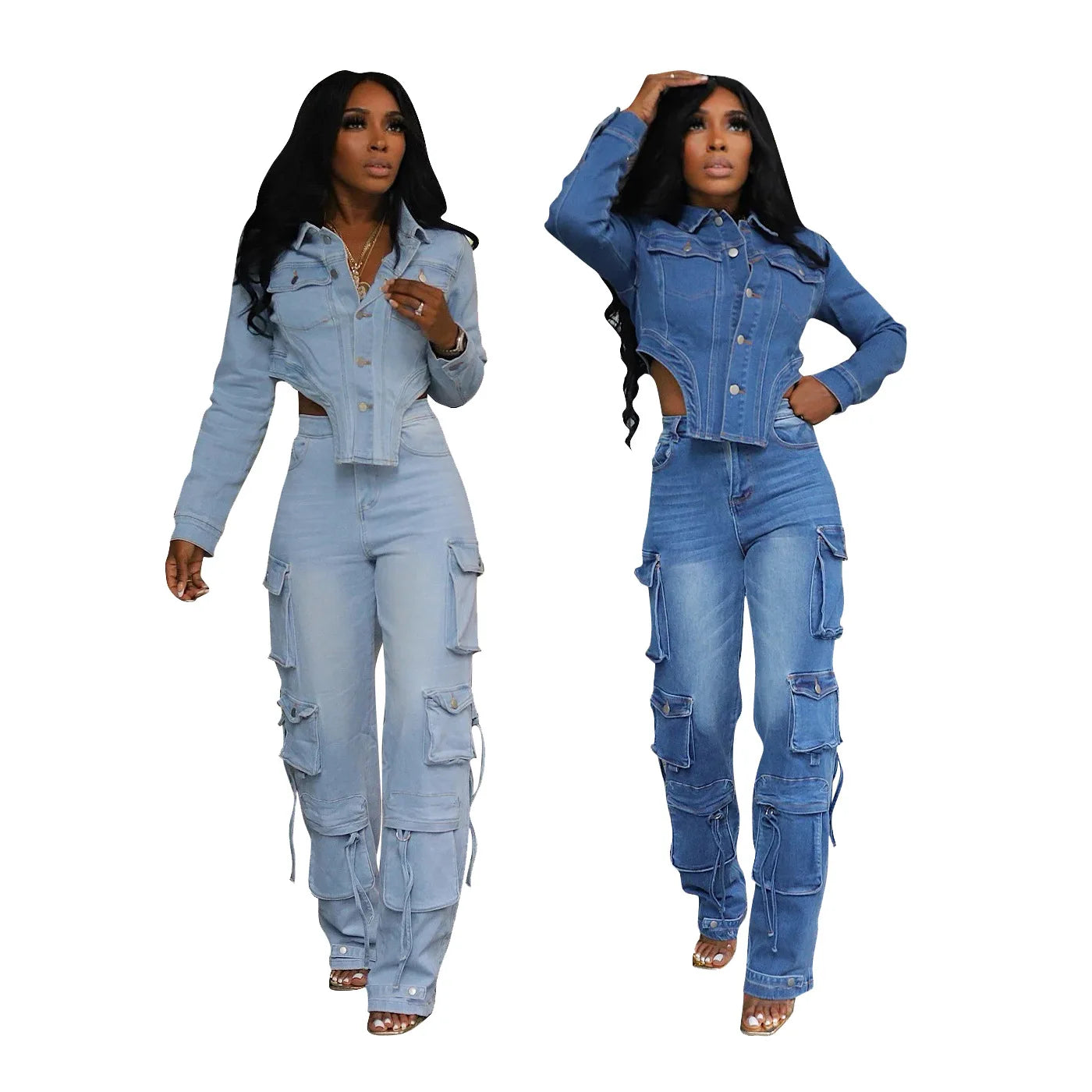 Washed Denim Women's Set Full Sleeve Button Fly Jacket and Pockets Cargo Jeans Pants Suit LADYLYS