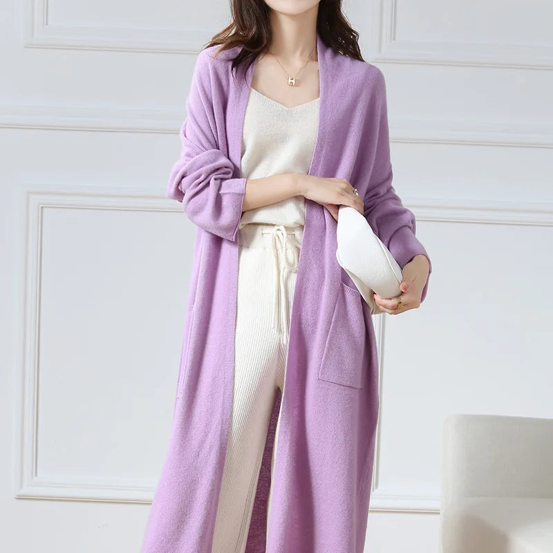 Women's Long Wool V-Neck Cardigan, Loose Fit
