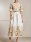 Embroidered Hollow-Out Top & Skirt Set – Elegant Color Block 2-Piece
