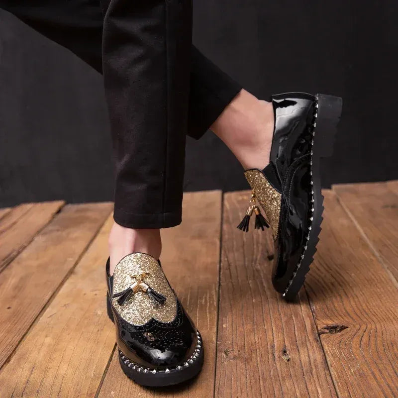 Men's Sequin Loafers in Black & Black Gold