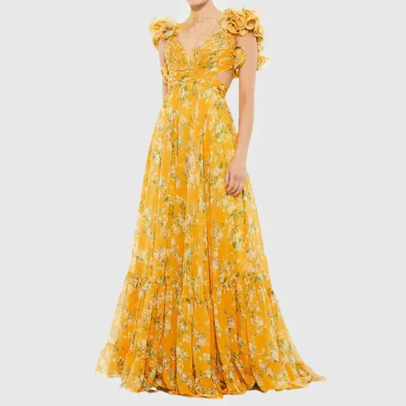 V Neck Sleeveless Vacation Print Swing Dress Fashion Floral Ruffle Strap Elegant LADYLYS