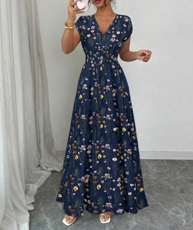 Printed V-Neck Short Sleeve Midi Dress – Lace-Up Waist Casual Summer Dress