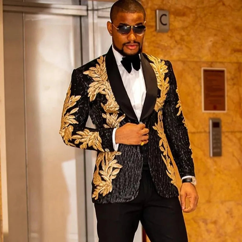 Men's Gold Sequin Two-Piece Suit Set – Casual Blazer & Dress Pants