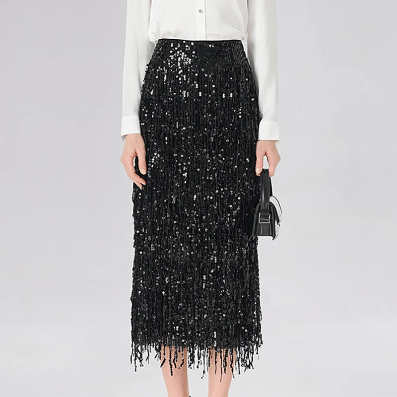 Fashion High Street Split Long Skirts Sparkling Tassel Spring Summer Women's Skirts Elegant Temperament Banquet Wrap Hip Skirt LADYLYS