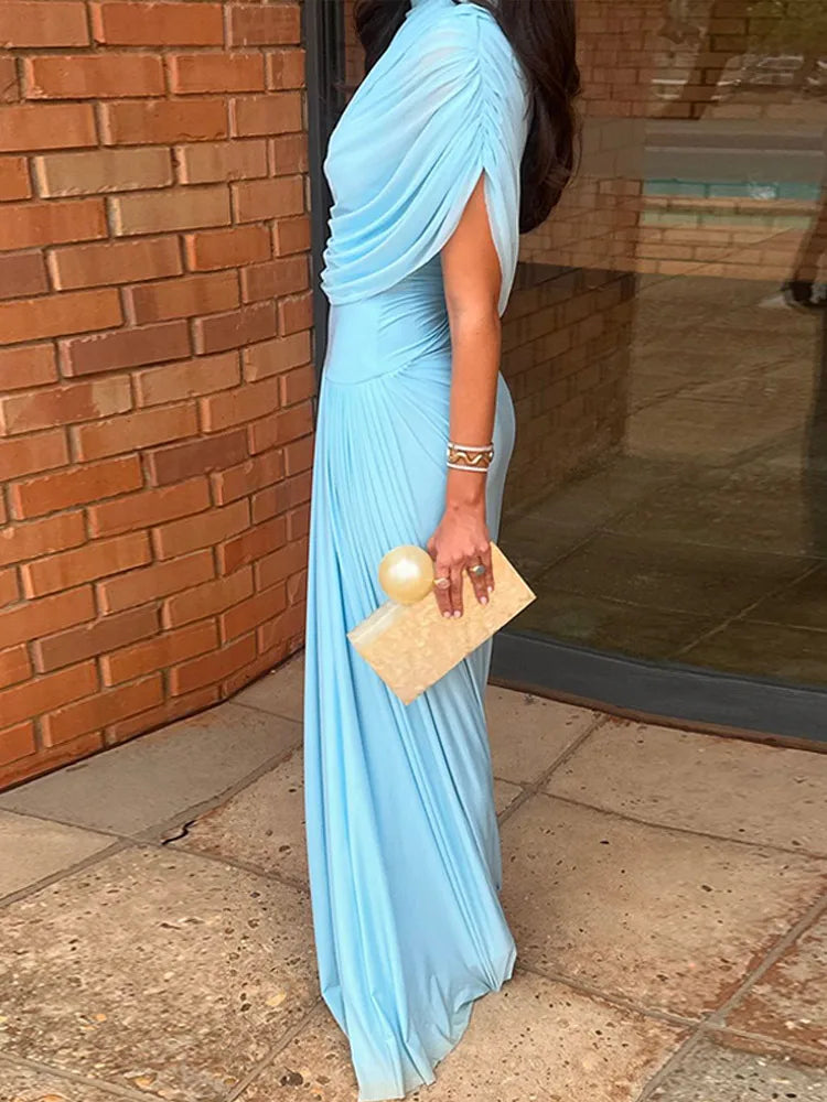 Irregular Shawl Blue Maxi Dress Women's Fashion Turtleneck Slim Fit Pleated LADYLYS