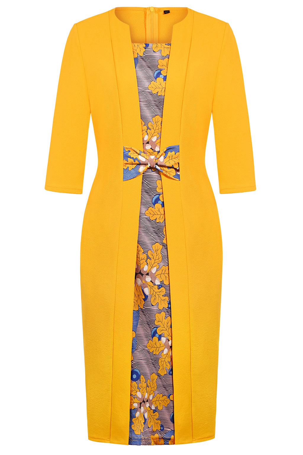 Women's Elegant Floral Patchwork Sheath Dress – 3/4 Sleeve Bow-Tie Waist Knee-Length | Office & Party