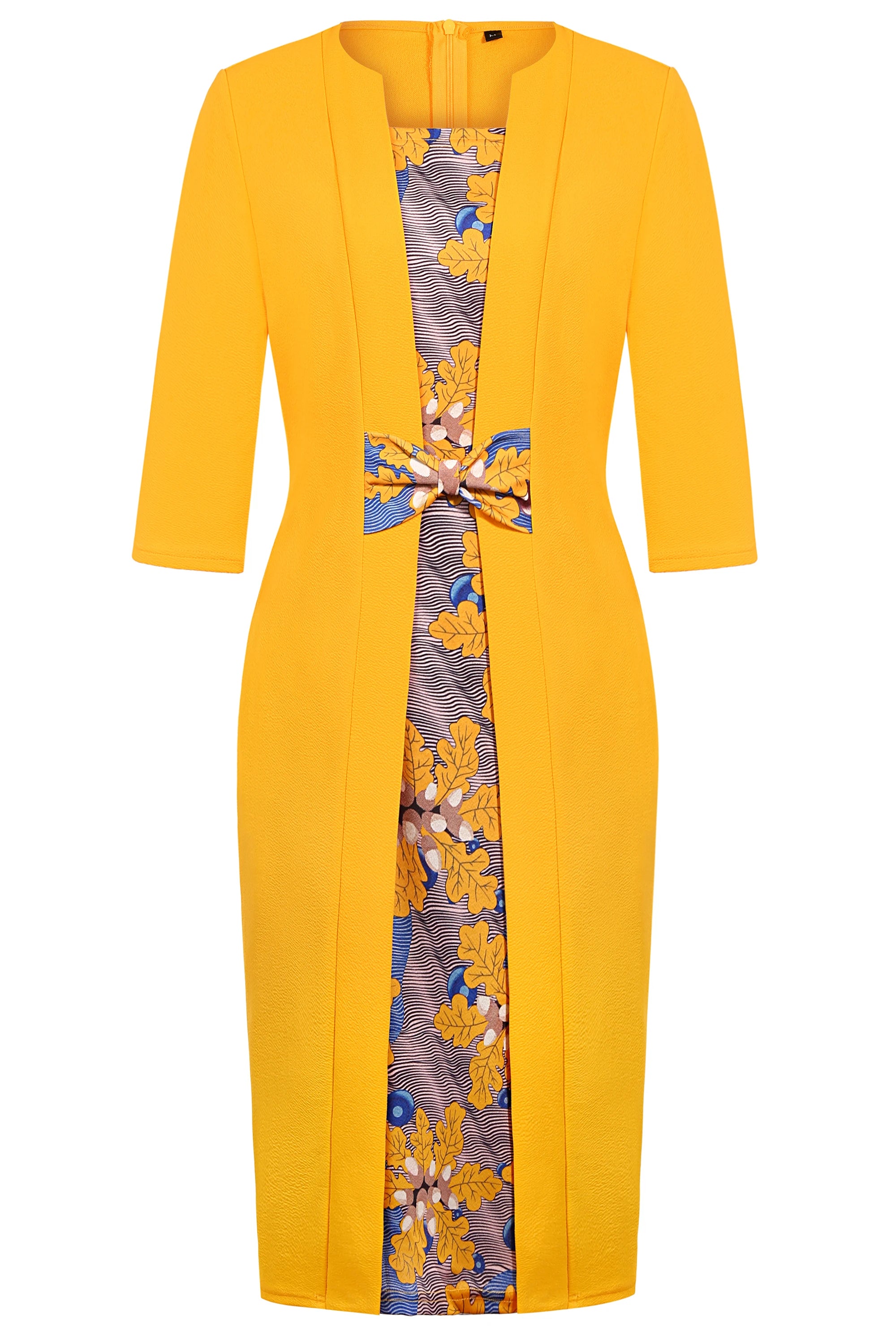 Women's Elegant Floral Patchwork Sheath Dress – 3/4 Sleeve Bow-Tie Waist Knee-Length | Office & Party