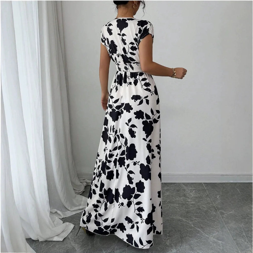 Printed V-Neck Short Sleeve Midi Dress – Lace-Up Waist Casual Summer Dress