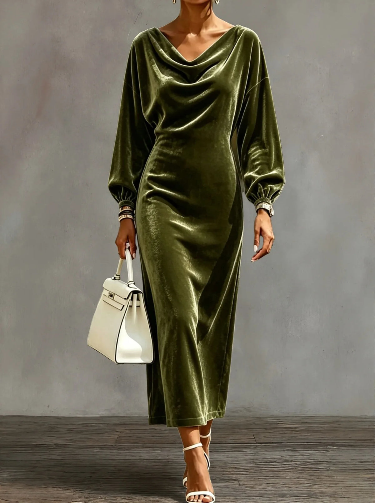 Women's Elegant Cowl Neck A-Line Dress with Lantern Sleeves