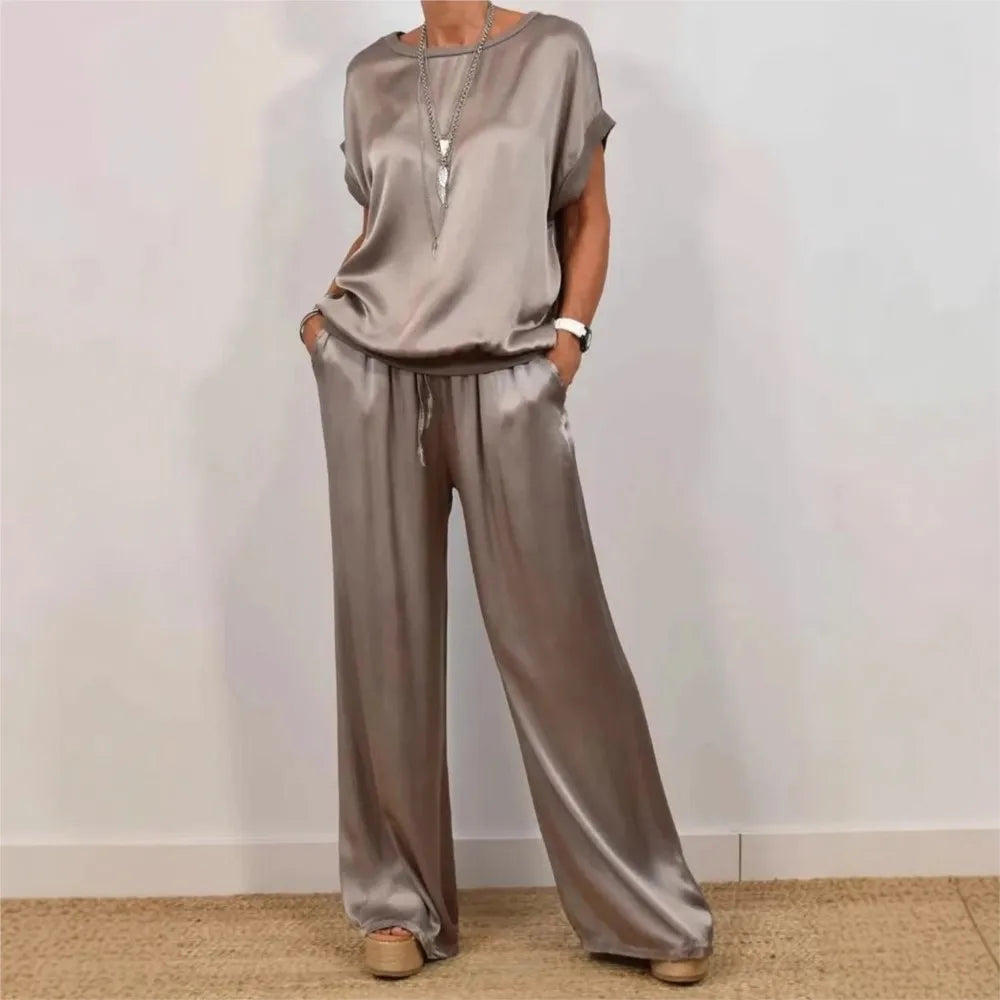 2-piece Set Fashion Satin O Neck T-shirt Top Trousers Summer Retro Elegant LADYLYS