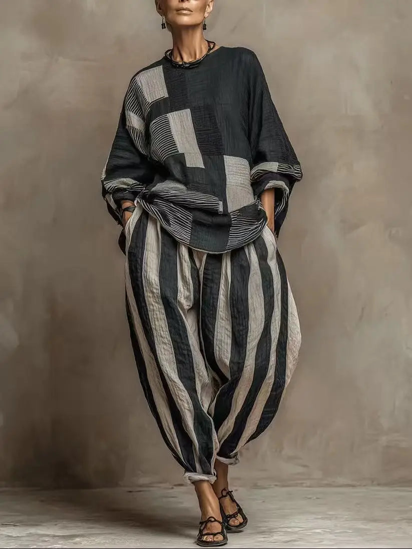 Women's Striped Patchwork 2-Piece Set – Loose Top & Harem Pants, Office Casual