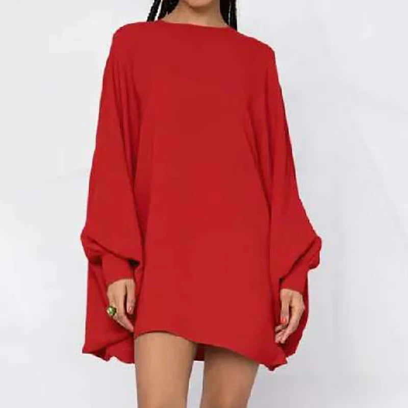 Batwing Sleeve Mini Dress – Turtleneck Loose Fit Patchwork | Casual Holiday & Party