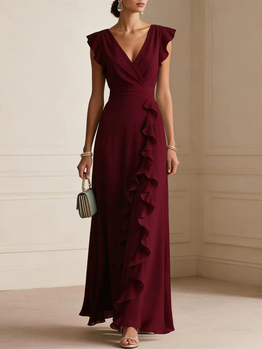 Women's Elegant Ruffle Sleeveless V-Neck Maxi Dress – Bohemian Party & Evening Gown