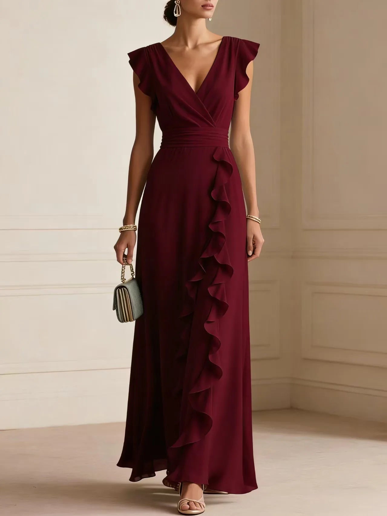 Women's Elegant Ruffle Sleeveless V-Neck Maxi Dress – Bohemian Party & Evening Gown