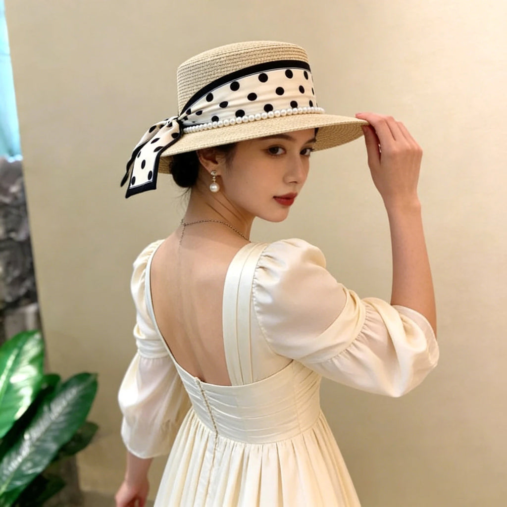 Women’s Wide Brim Straw Sun Hat – Pearl & Dot Ribbon Elegant Beach Cap