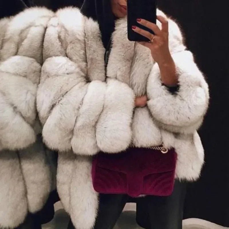 Women's Short Faux Fur Jacket with Puff Sleeves