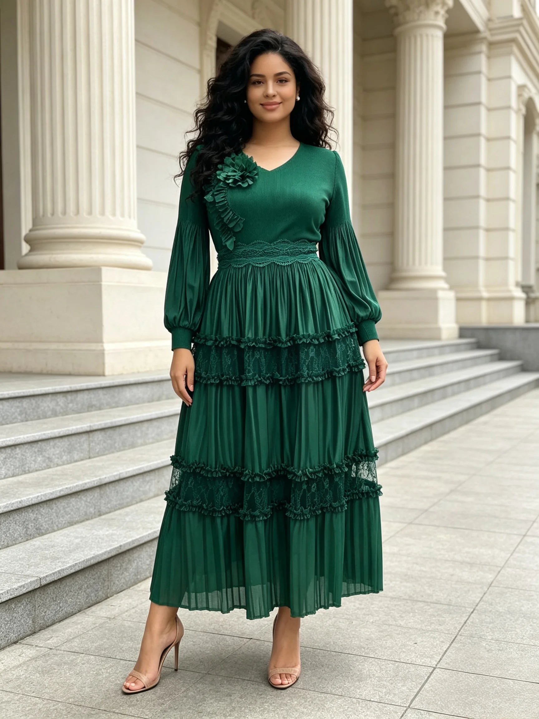 Women's Pleated Tiered Lace Midi Dress – V-Neck Lantern Sleeve Floral Detail | Elegant African Fashion