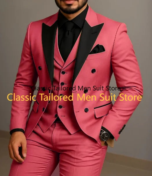 Beige Double Breasted Black Lapel  Slim Fit Wedding Suit LADYLYS