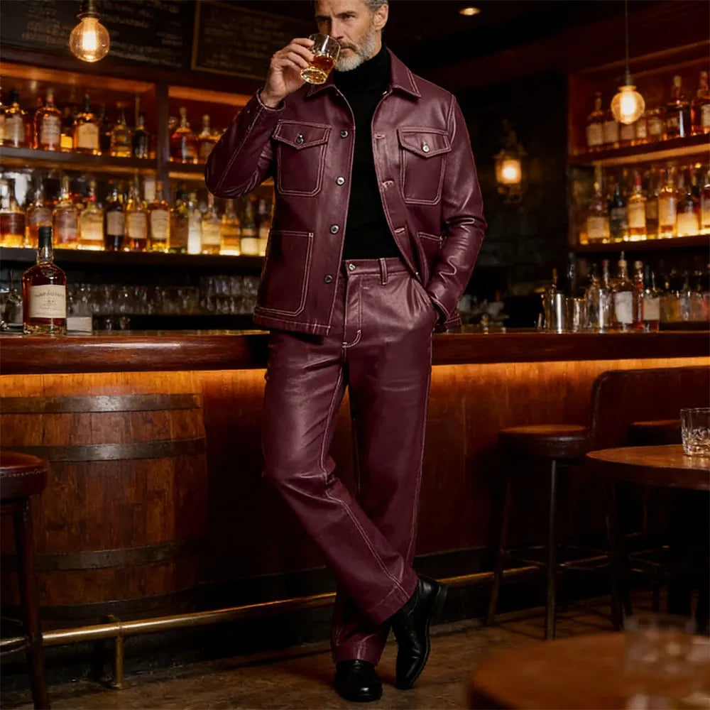 Men's Faux Leather Two-Piece Jacket & Trouser Set