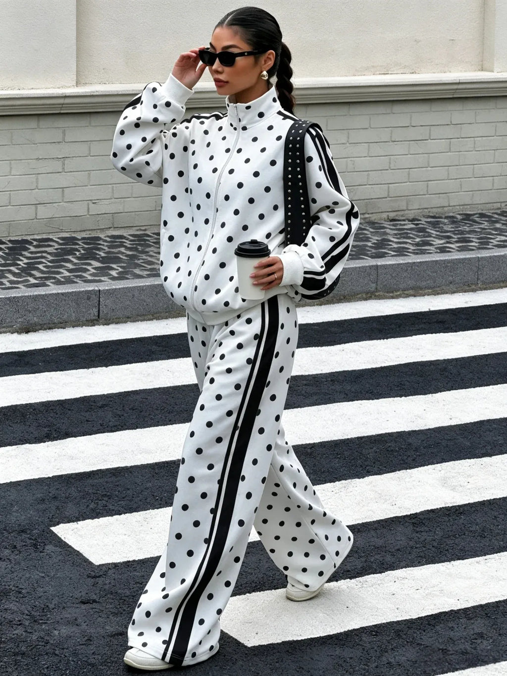 Women's Polka Dot Zip-Up Jacket & Wide-Leg Trousers Set
