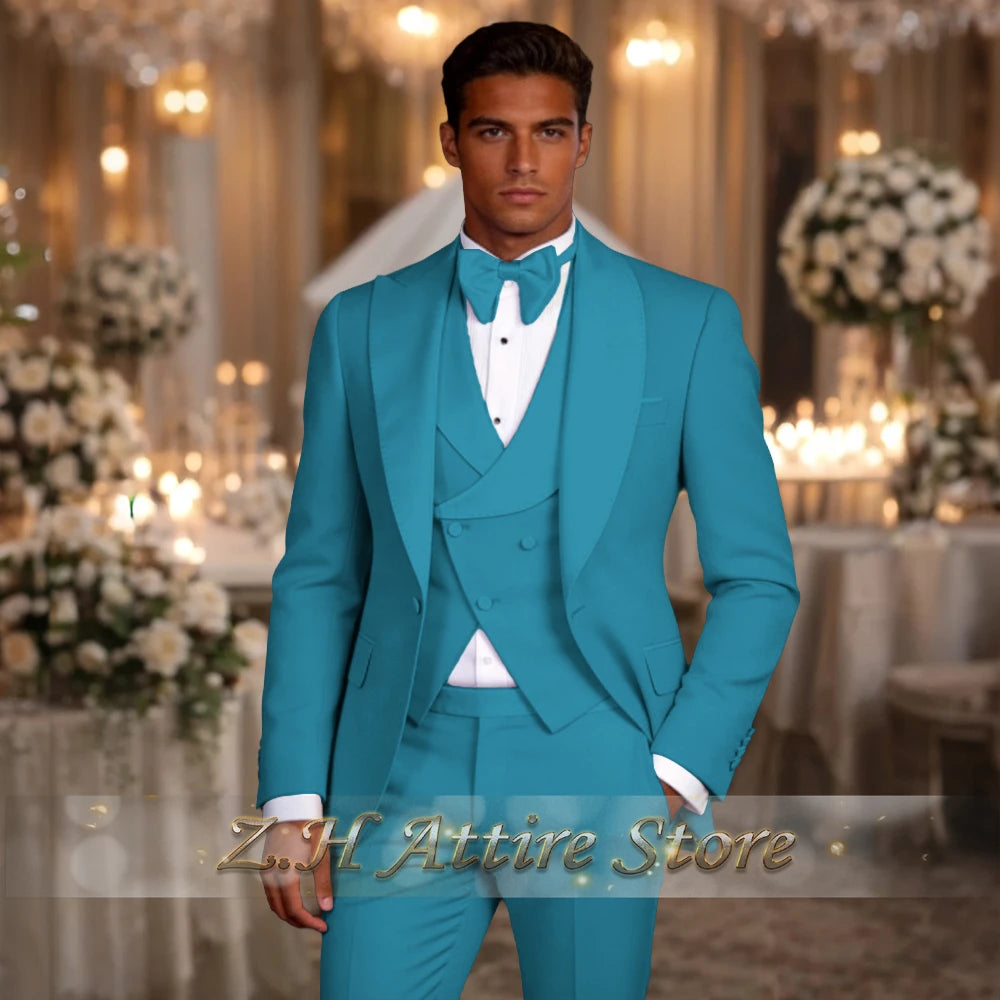 Elegant men's 3pcs suit spliced satin lapel jacket vest pants LADYLYS