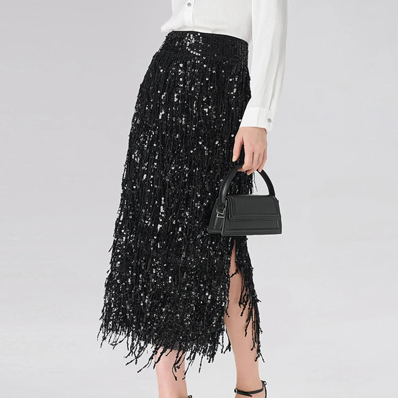 Fashion High Street Split Long Skirts Sparkling Tassel Spring Summer Women's Skirts Elegant Temperament Banquet Wrap Hip Skirt LADYLYS