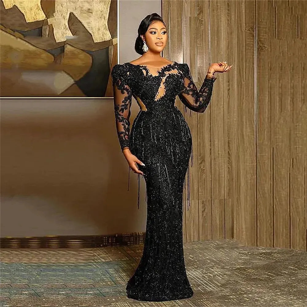 Long-Sleeve Ruched Satin Mermaid Evening Gown