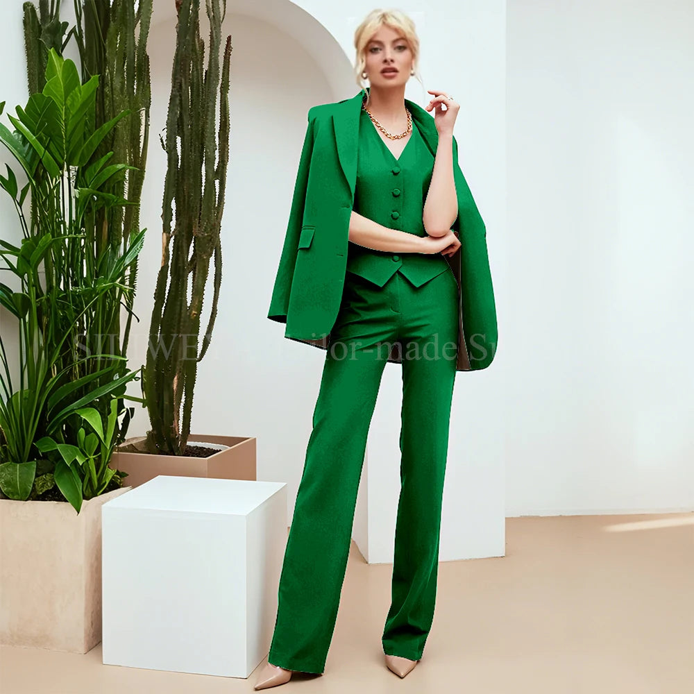 Chic Green 3-Piece Women's Suit – Slim Fit Blazer, Pants & Vest | Formal Office Set