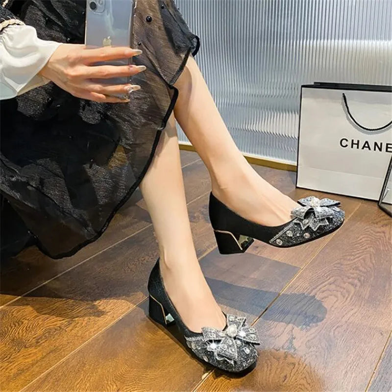 Fashion Thick Heel Square Toe Rhinestone Shallow Mouth Women Shoes Large Size 43 LADYLYS