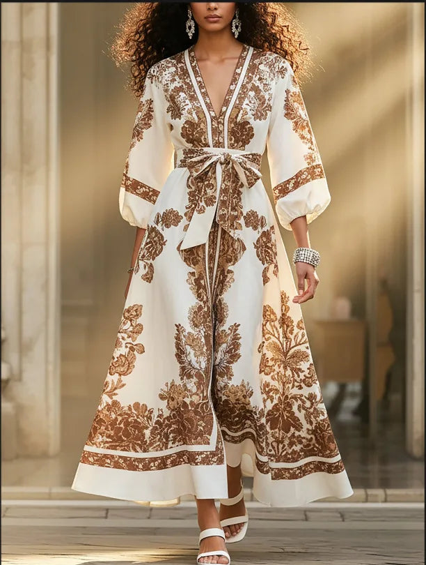 Bohemian Print Long Dress – V-Neck Lantern Sleeve Belt Waist | Casual Vacation Maxi