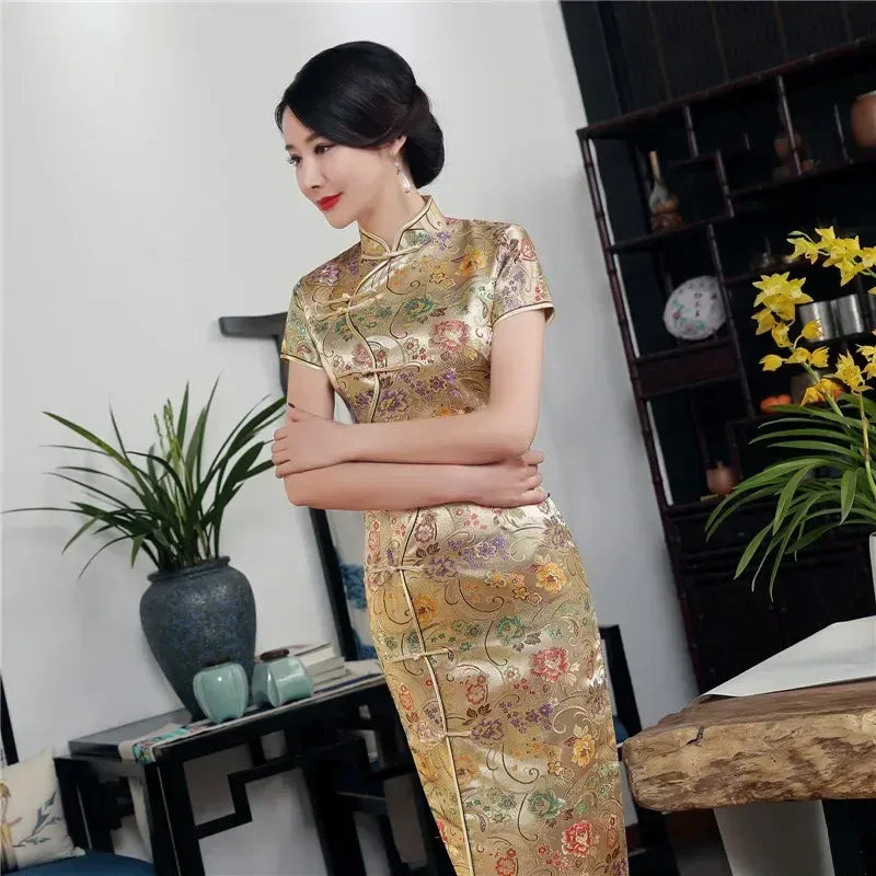 Printed Short-Sleeve Qipao-Inspired Midi Dress