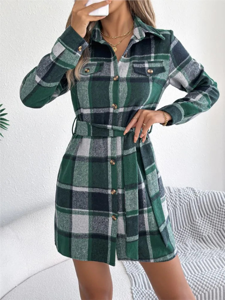 Women's Plaid Shirt Dress – Long Sleeve Belted A-Line Knee-Length Dress | Retro Casual Style