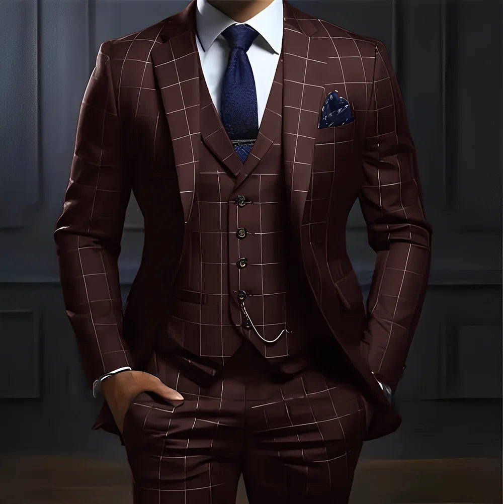 Men’s Plaid Three-Piece Suit for Weddings and Business