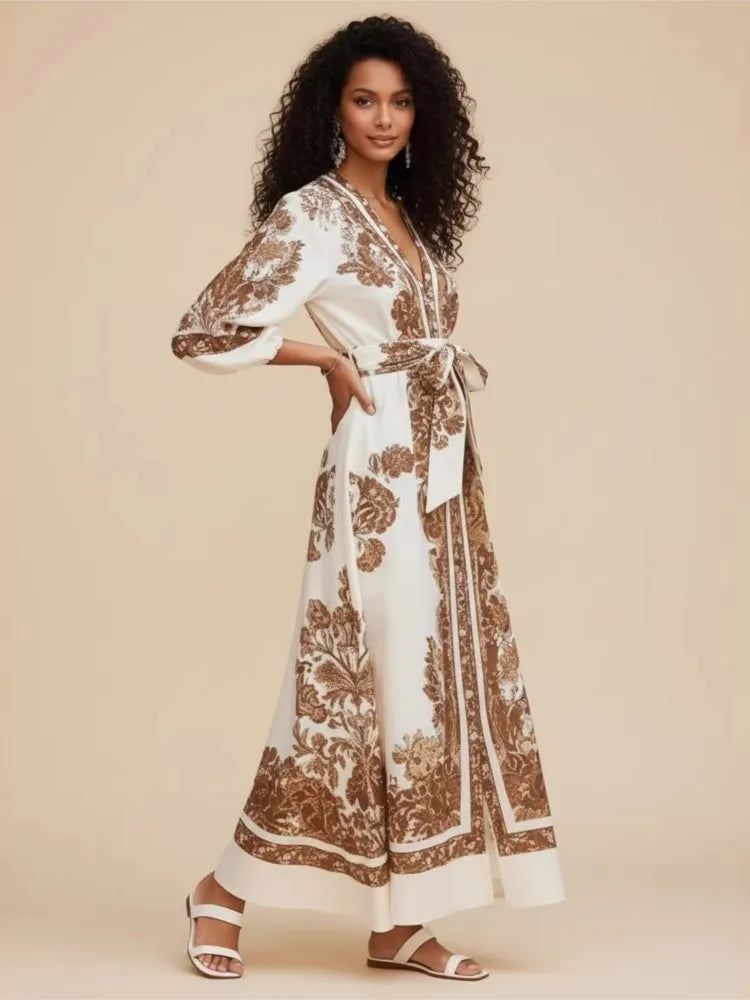 Bohemian Print Long Dress – V-Neck Lantern Sleeve Belt Waist | Casual Vacation Maxi