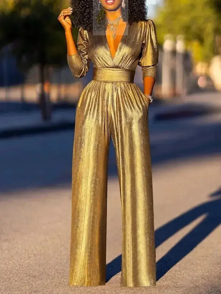 Sexy Deep V-neck High Waisted Wide Leg Jumpsuits LADYLYS