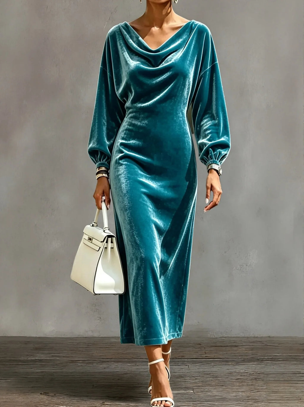 Women's Elegant Cowl Neck A-Line Dress with Lantern Sleeves