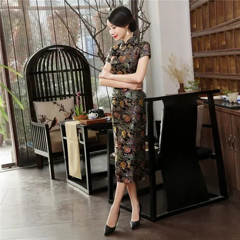 Printed Short-Sleeve Qipao-Inspired Midi Dress
