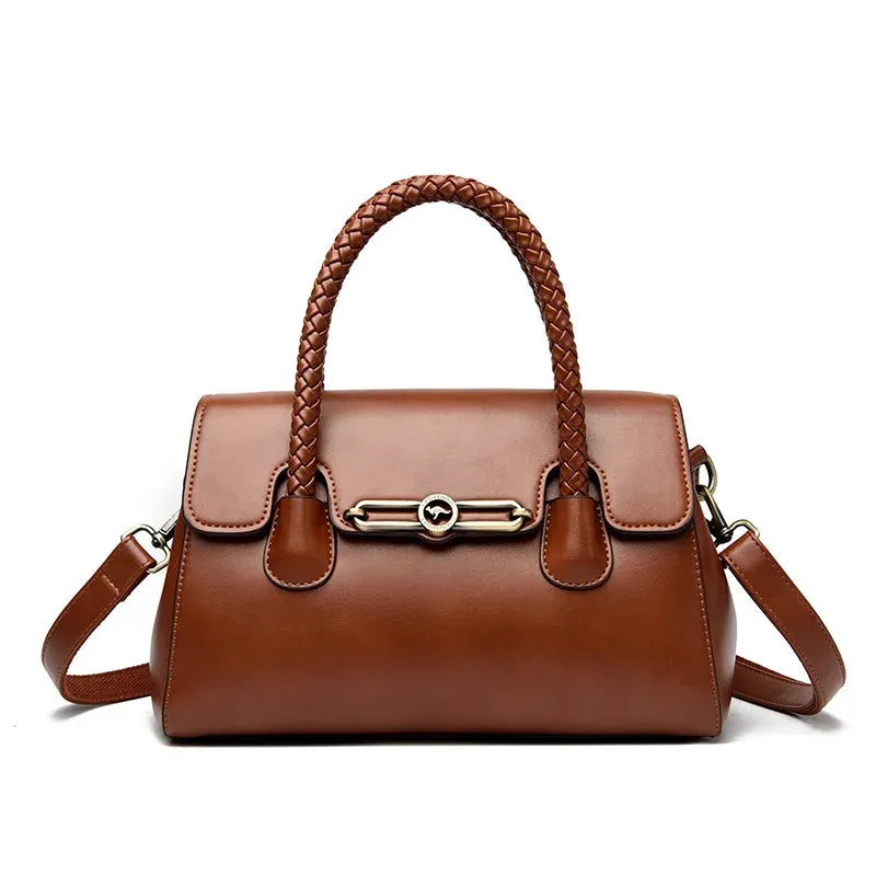 Women's Leather Top-Handle Bag with Woven Handle