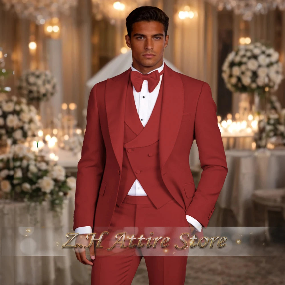 Elegant men's 3pcs suit spliced satin lapel jacket vest pants LADYLYS