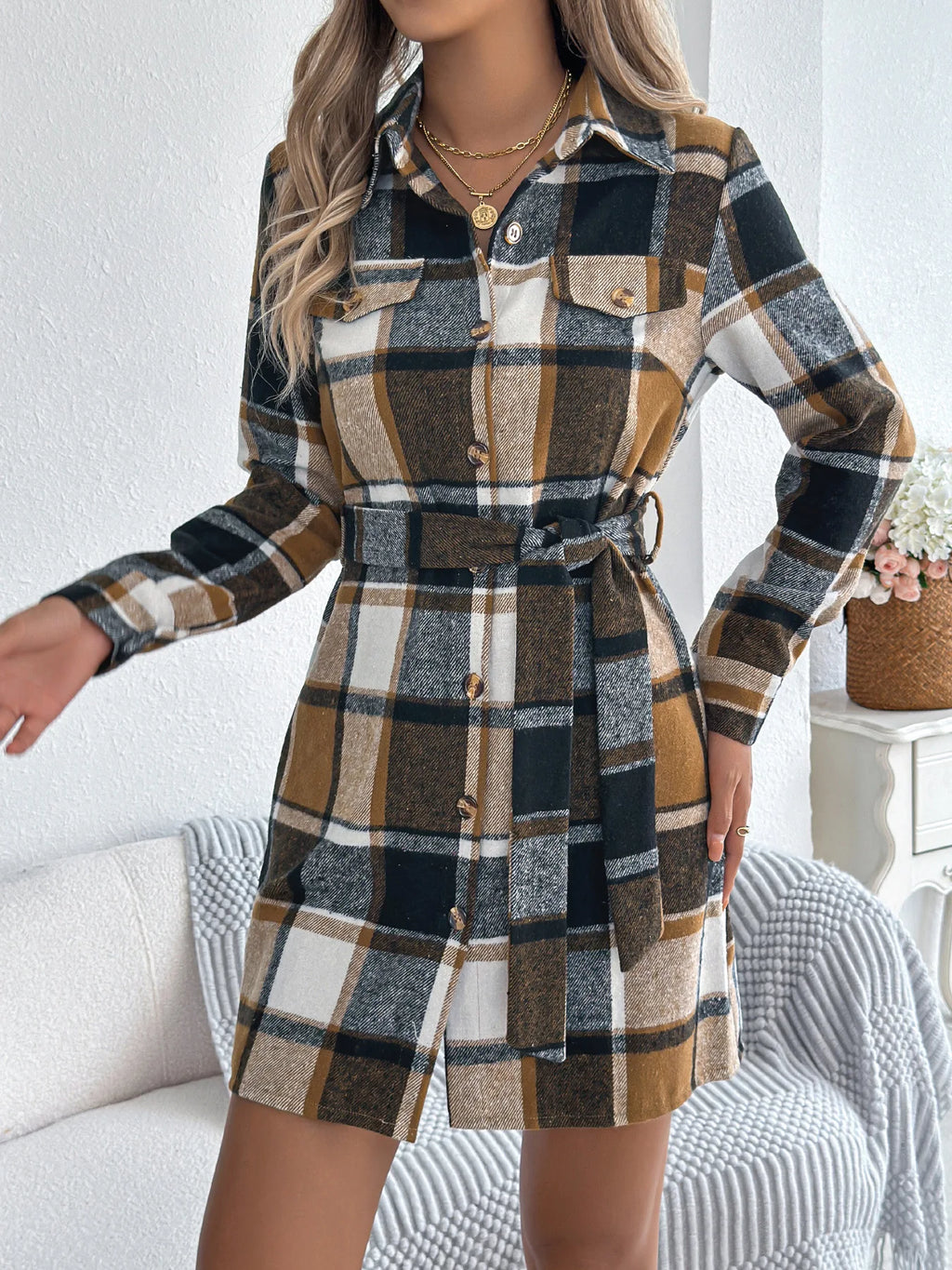 Women's Plaid Shirt Dress – Long Sleeve Belted A-Line Knee-Length Dress | Retro Casual Style