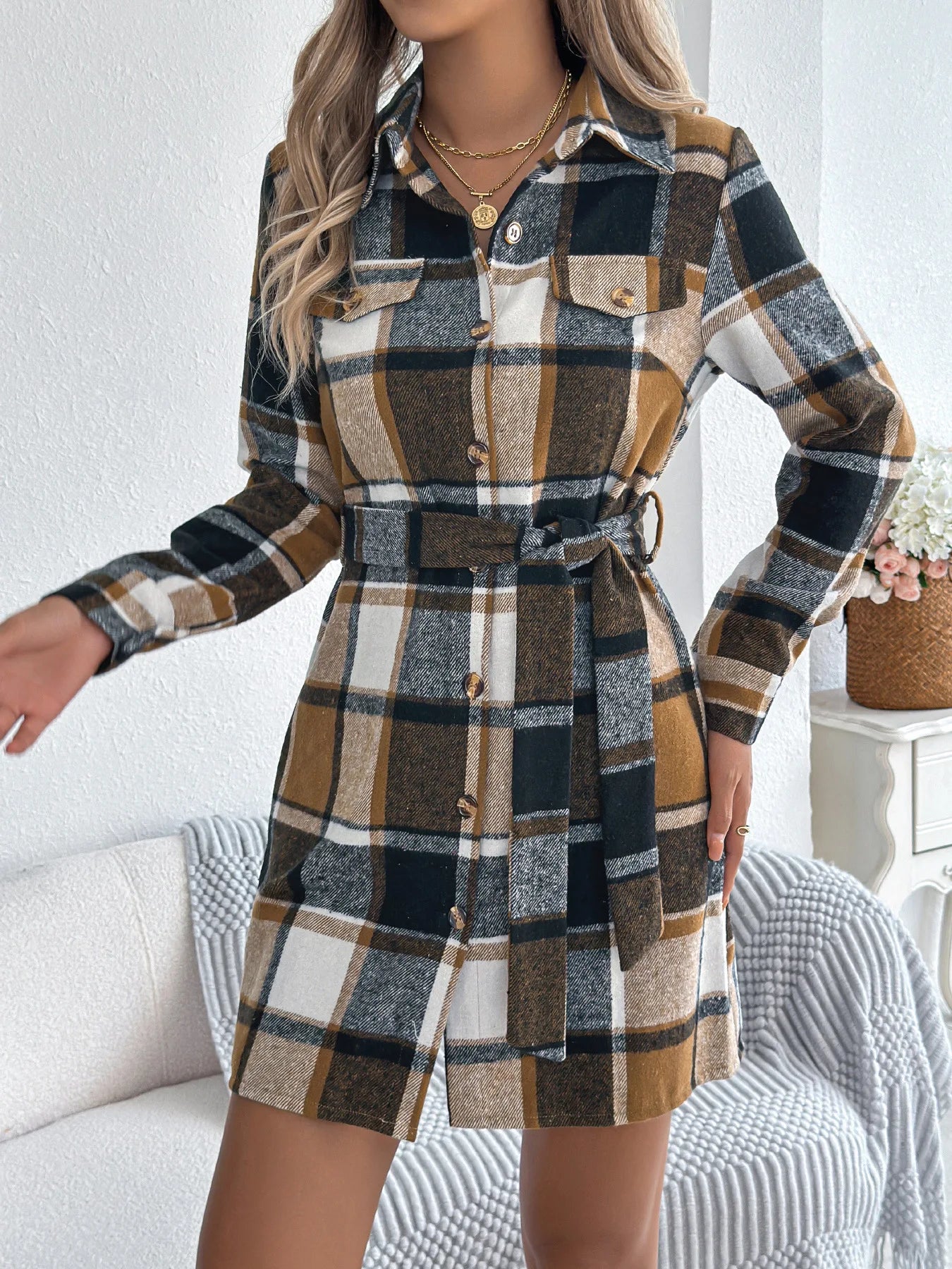 Women's Plaid Shirt Dress – Long Sleeve Belted A-Line Knee-Length Dress | Retro Casual Style