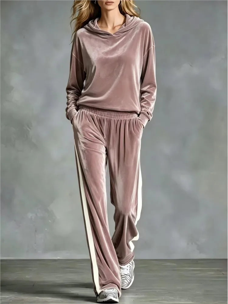 Women's 2-Piece Hooded Sweatshirt & Trouser Set – Patchwork, Casual Loose Fit
