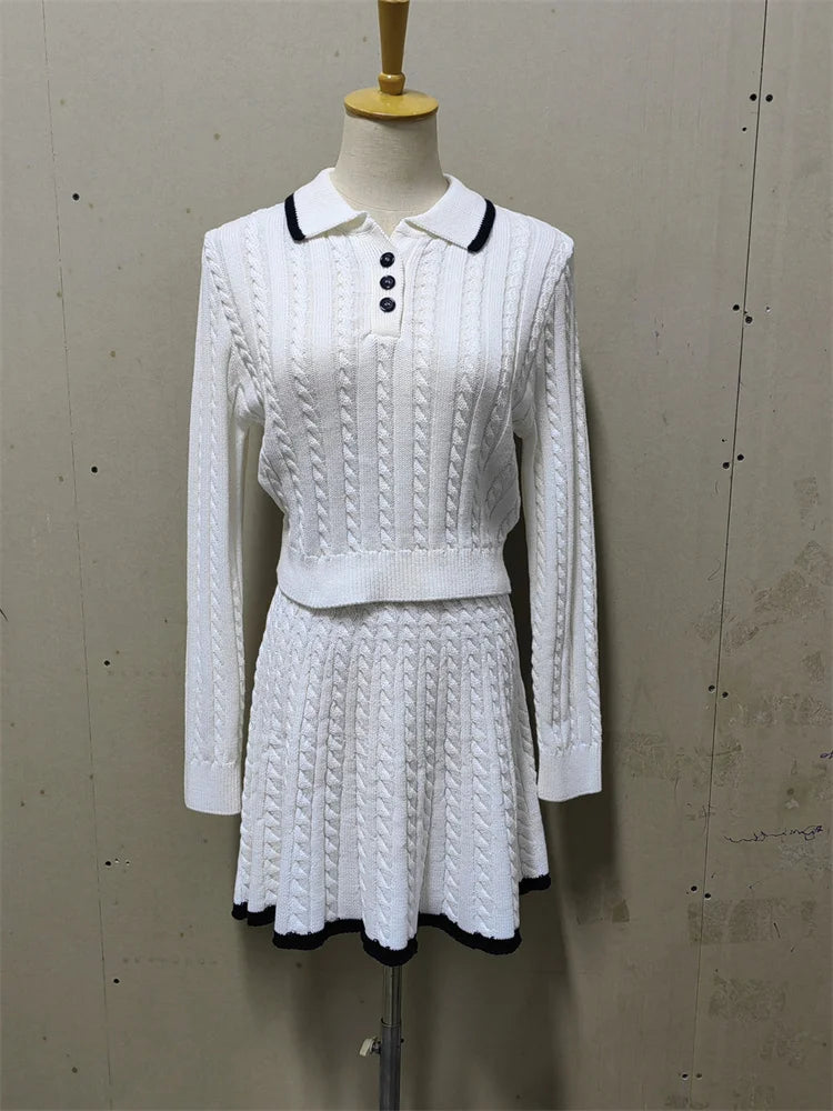 Patchwork Contrast 2-Piece Skirt Set – Long Sleeve Top & High Waist Mini Skirt