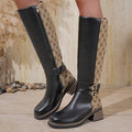 Women's Knee-High Platform Boots – Printed PU Leather, Side Zip, Low Heel